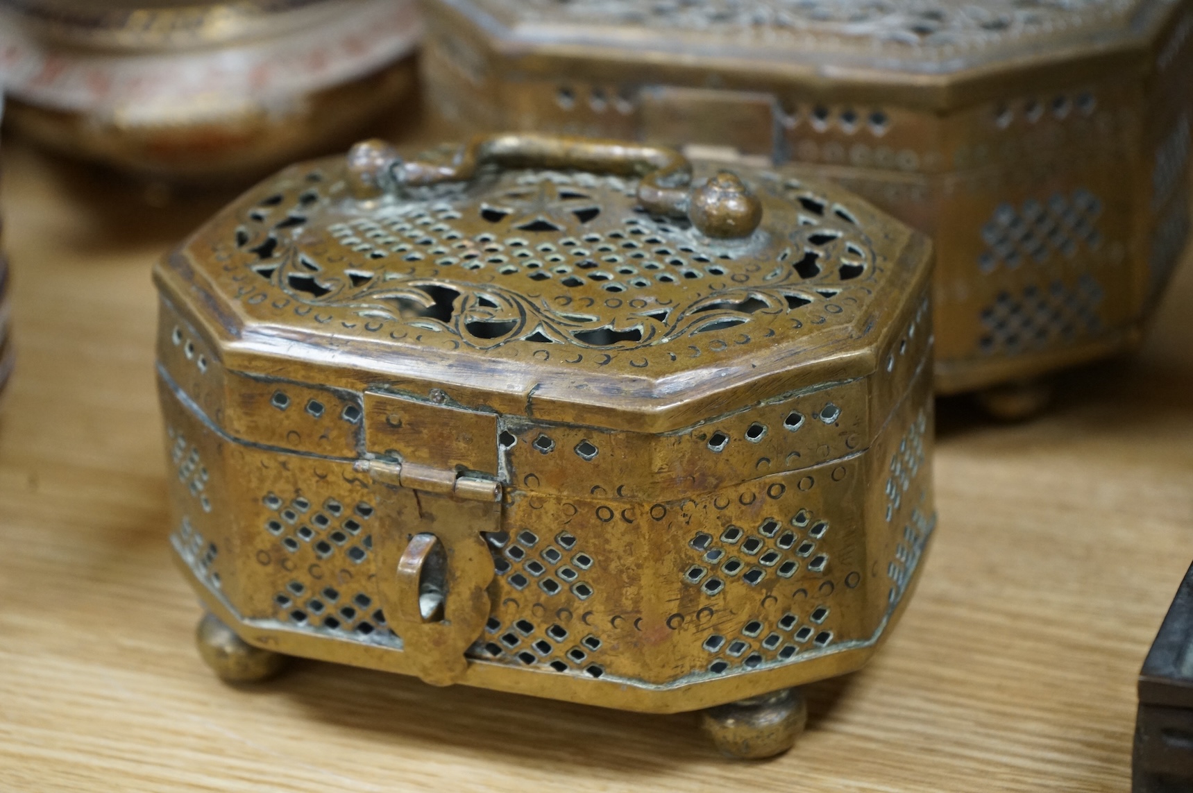 A Japanese archaistic bronze vase, seal mark to base, together with two Indian brass Paan boxes and a Medieval revival bronze casket, tallest 26cm